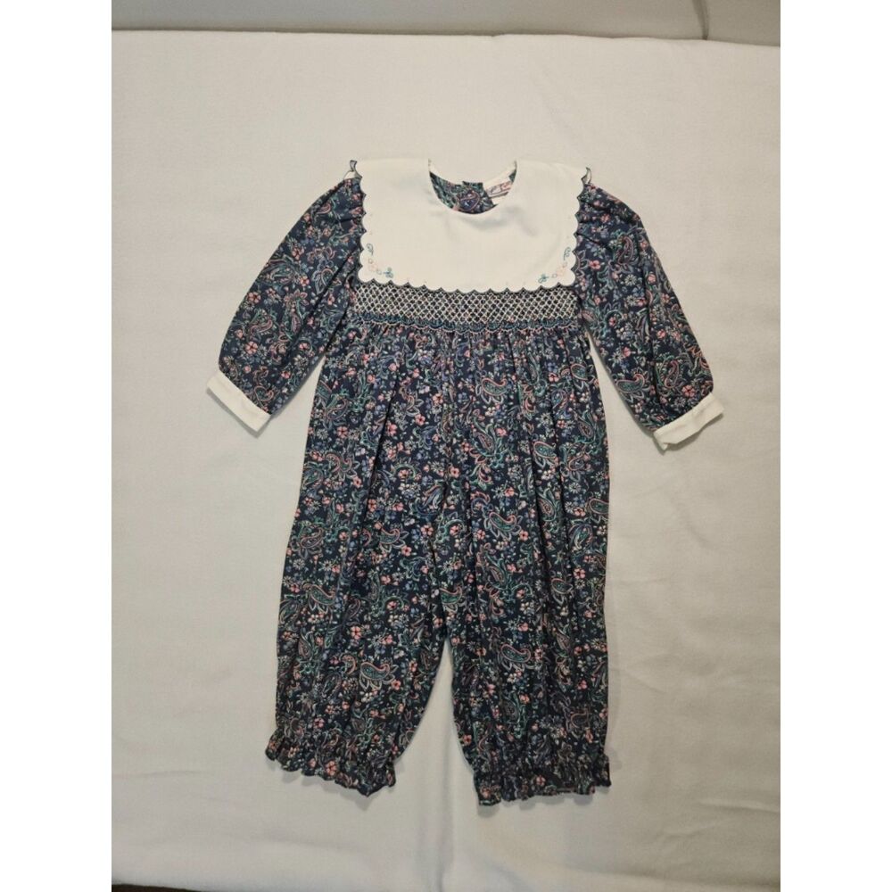 Vintage Petit Ami 2T Floral Paisley Smocked Romper Jumpsuit Scalloped Collar‎